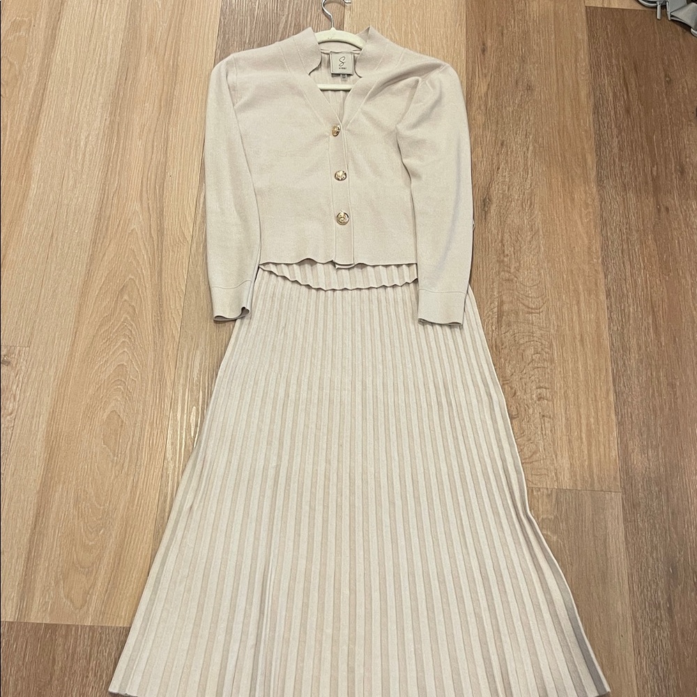 Cream Cardigan and Pleated Skirt Set